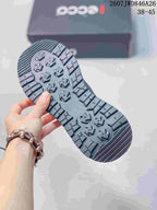 Close view of the textured outsole on a dark gray ECCO sneaker, showing deep tread blocks and grooves.