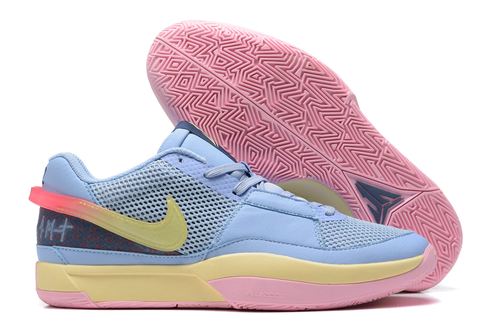 Light blue Nike Ja 1 basketball shoes with yellow and pink details.