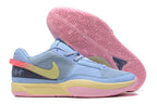 Light blue Nike Ja 1 basketball shoes with yellow and pink details.