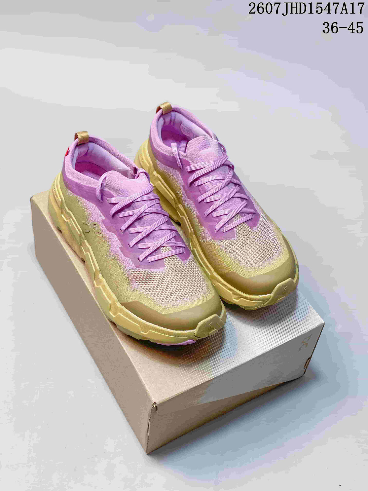 Pair of pink and yellow On CloudSoma sneakers displayed on a shoebox; the image also shows the source code 2607JHD1547A17 and size range 36–45.