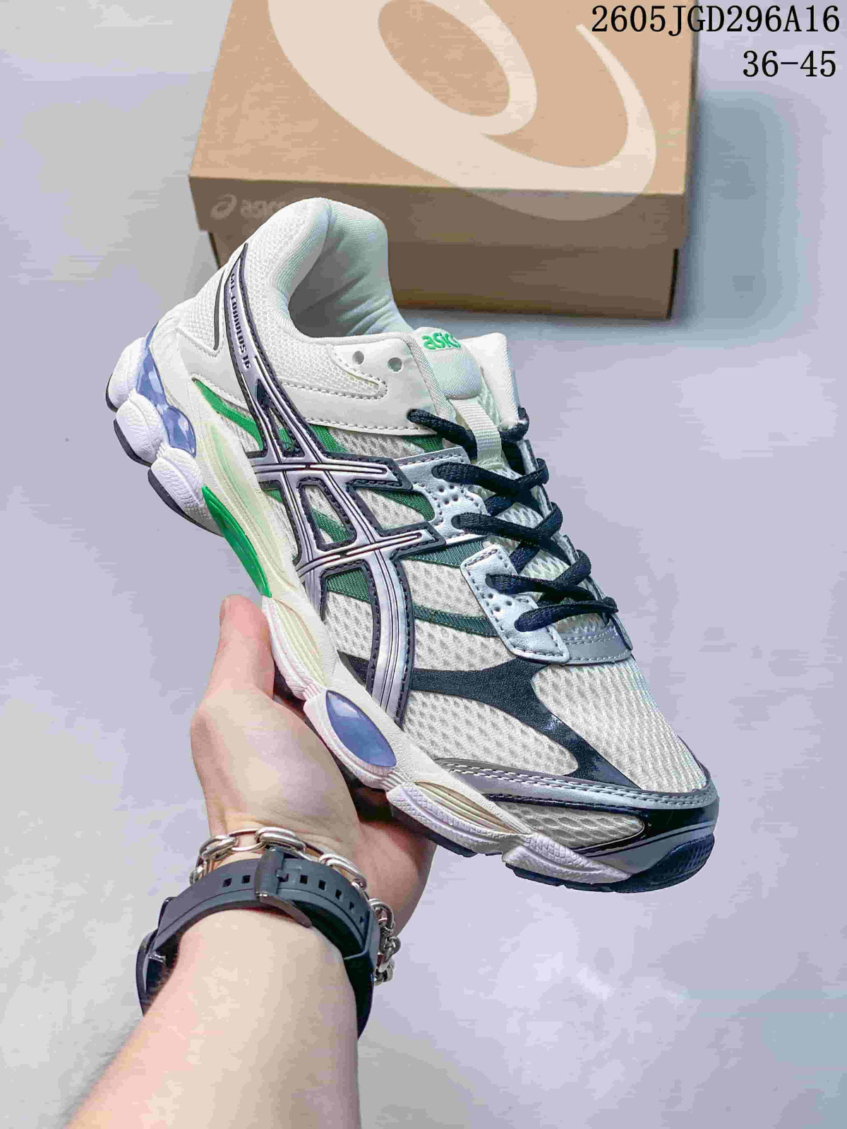 White and green ASICS GEL-Cumulus 16 sneaker with dark laces