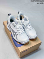 Pair of white and black ASICS Swiftace sneakers displayed on an ASICS shoebox; image text shows style code 2607GDD236A26 and size range 40–46.