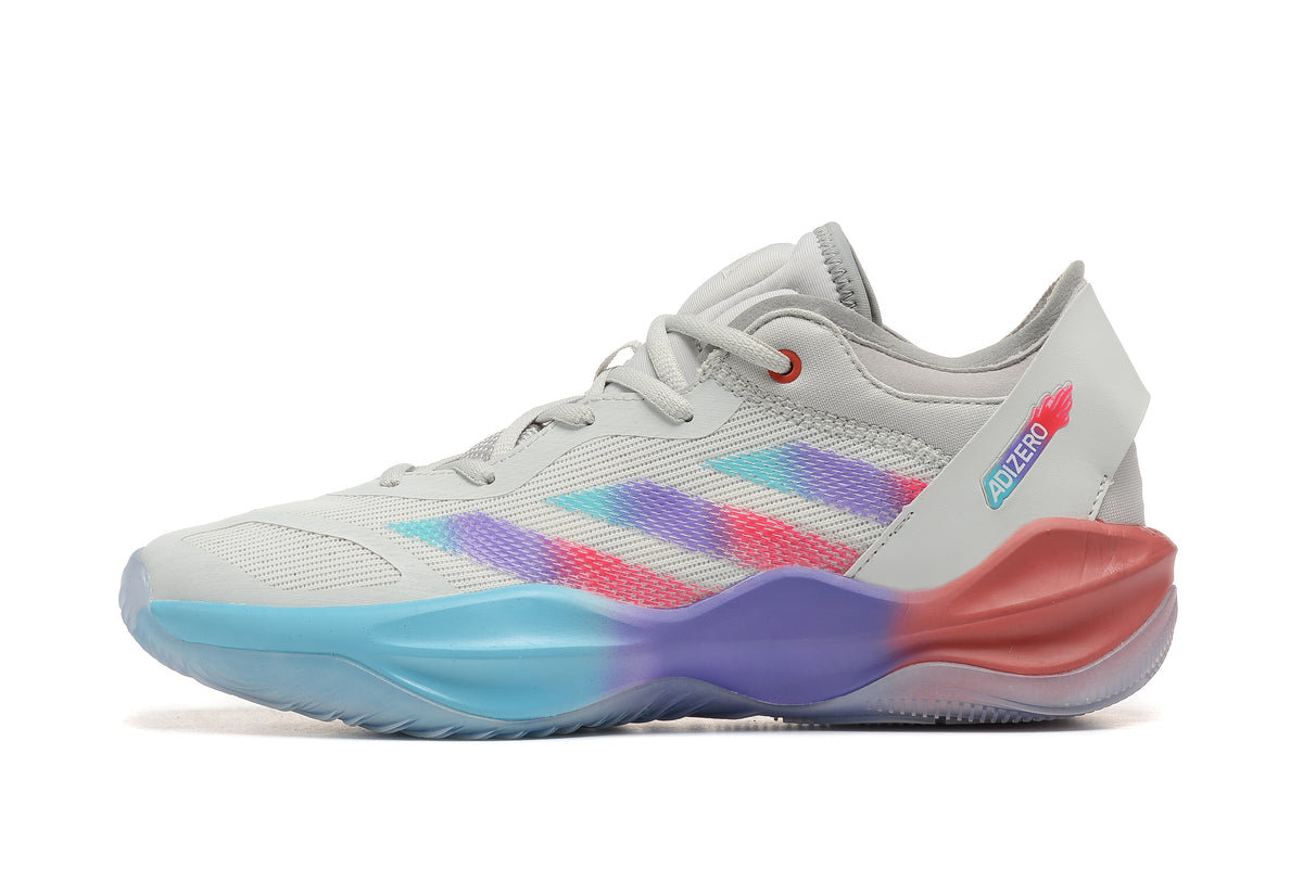 Side view of a light gray Adidas Adizero shoe with multicolor stripes and sole accents