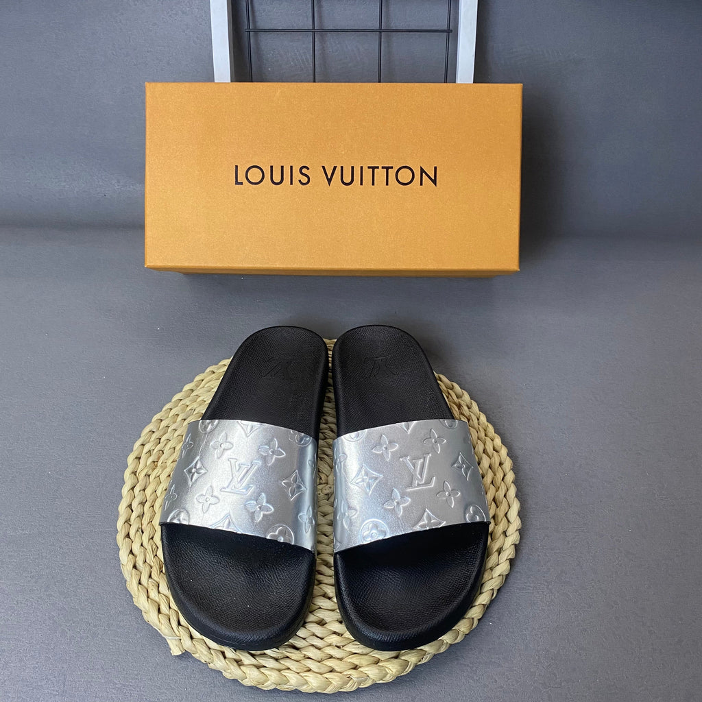 Louis Vuitton Monogram Slide Sandals with Black Footbed