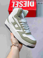 White Diesel S-Ukiyo high-top sneaker with gray-green accents and a white sole.