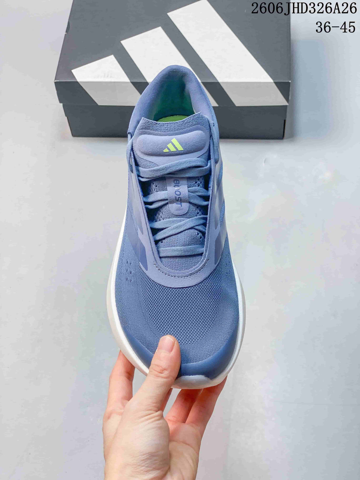 Top view of the blue lace-up shoe with lime-colored logo accents