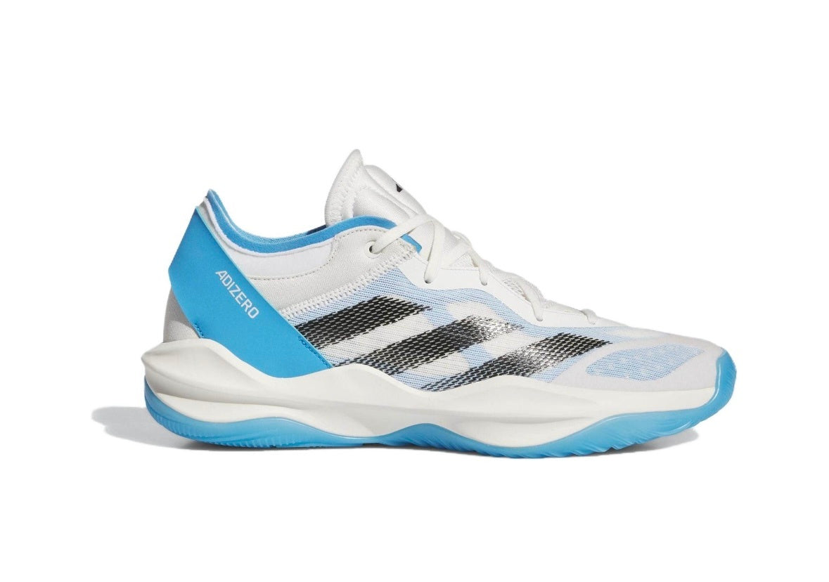 Side profile of a white Adidas Adizero shoe with light blue and black accents.