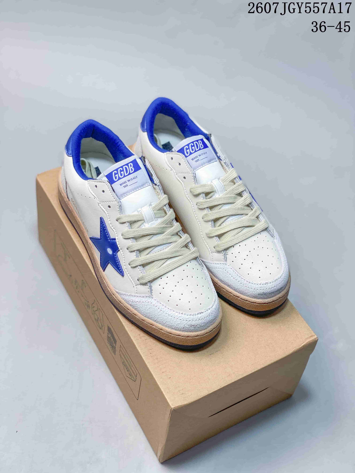 Pair of white and blue Golden Goose Ball Star sneakers displayed on a shoe box, with the style code and EU size range visible above.