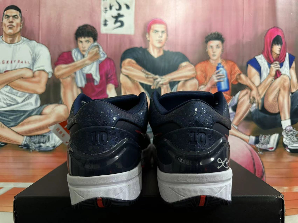 Rear view of dark Nike basketball shoes with patterned collars, white midsoles, and red outsole details