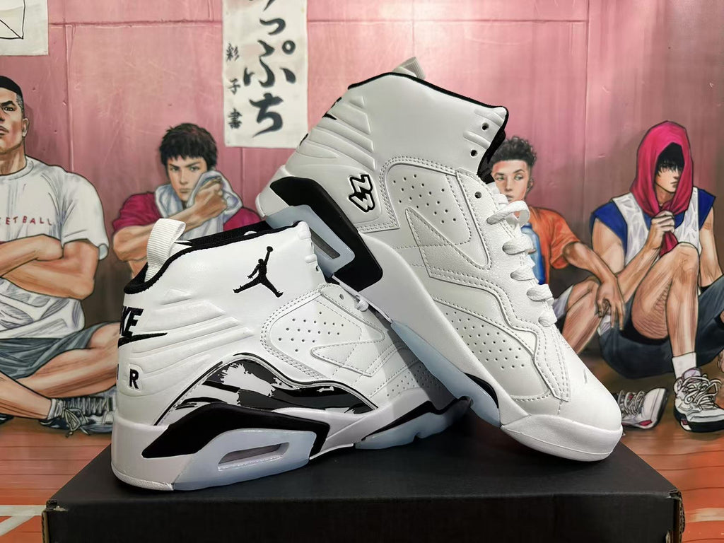 Pair of white and black high-top sneakers shown from angled side views.