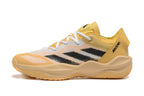 Side view of a yellow Adidas Adizero shoe with black stripes