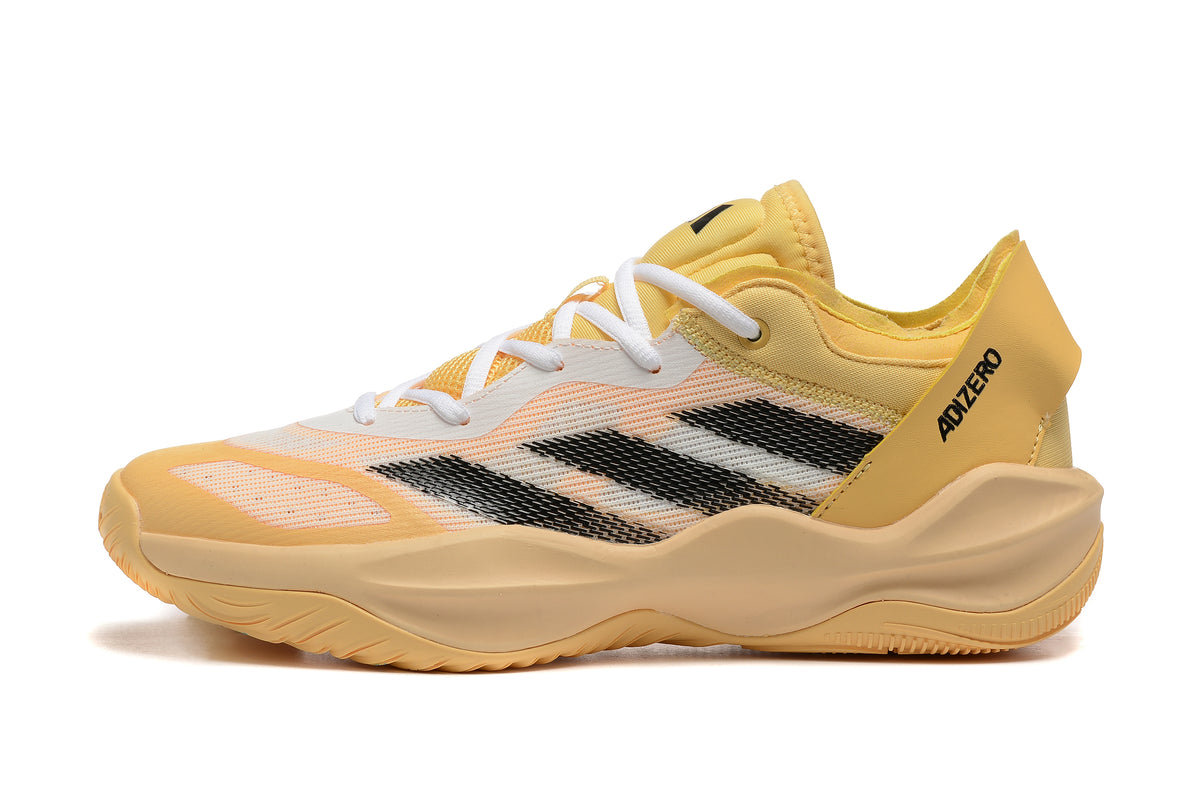Side view of a yellow Adidas Adizero shoe with black stripes