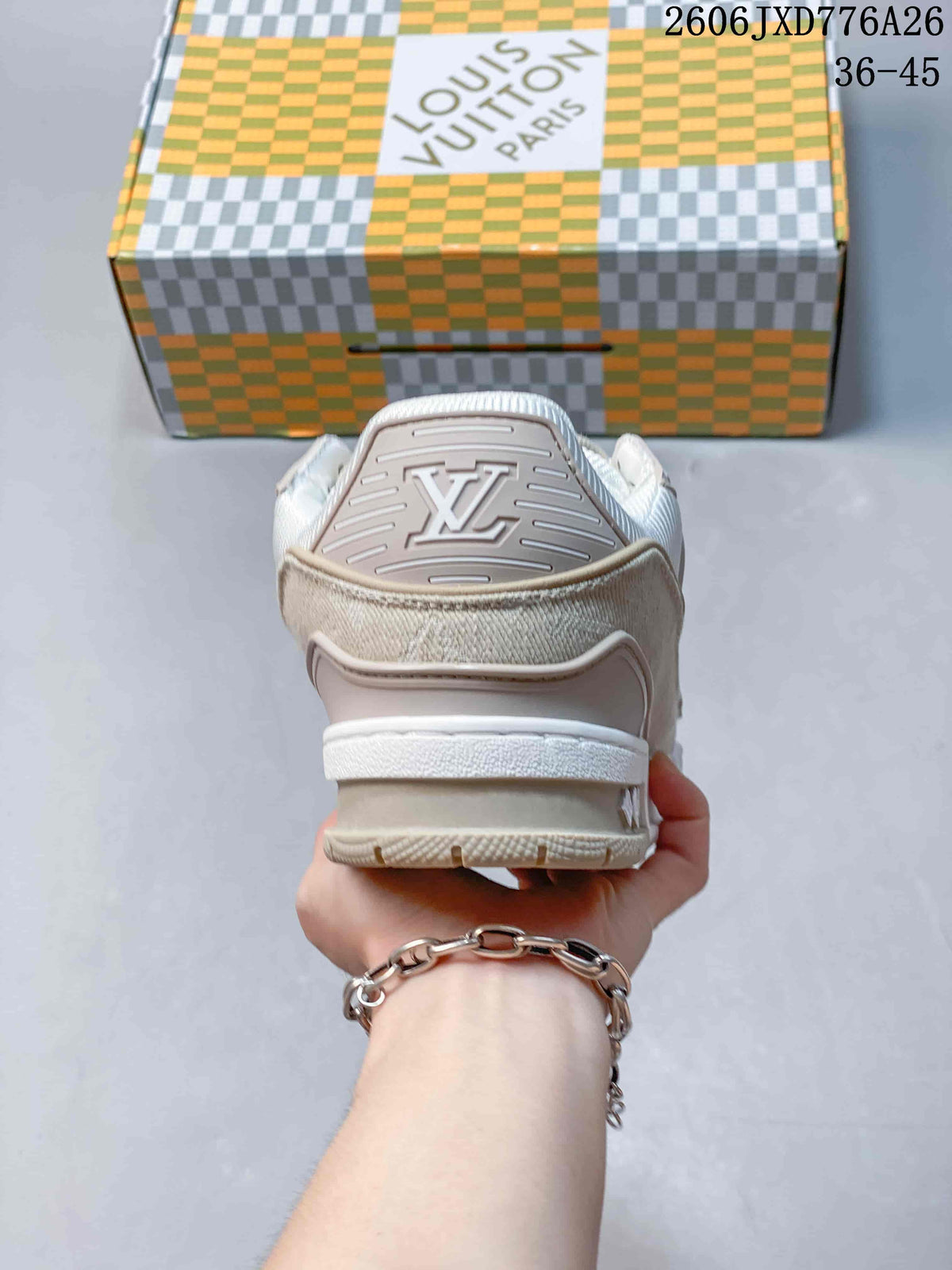 Rear view of a white and beige Louis Vuitton Trainer sneaker