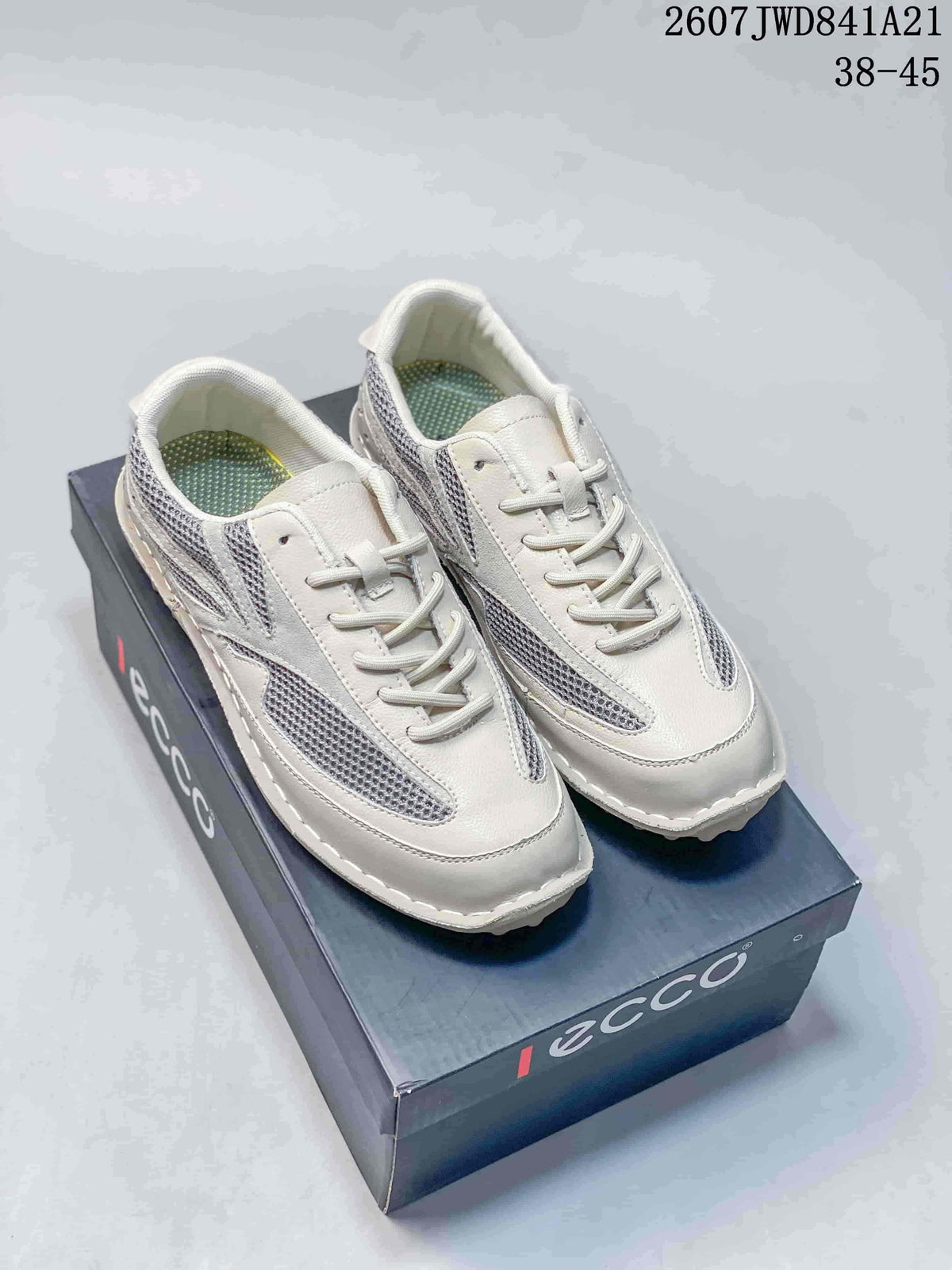 Pair of white and gray ECCO sneakers displayed on a branded shoe box, with style code 2607JWD841A21 and size range 38–45 visible.