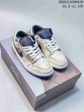 Pair of off-white and blue Jordan AJ1 Low Panda Prank sneakers on a shoebox; image text shows a size range.