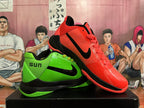 Red and green Nike basketball shoes shown together, with black Swoosh detailing.
