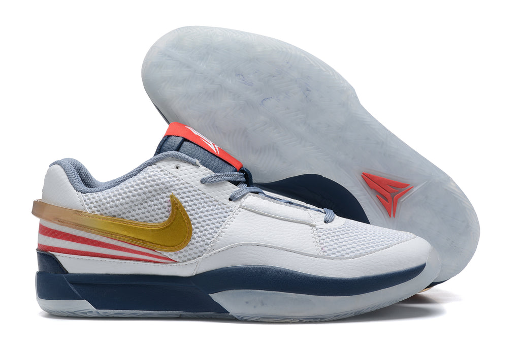 White Nike Ja 1 basketball shoes with gold, navy, and red accents.