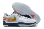 White Nike Ja 1 basketball shoes with gold, navy, and red accents.