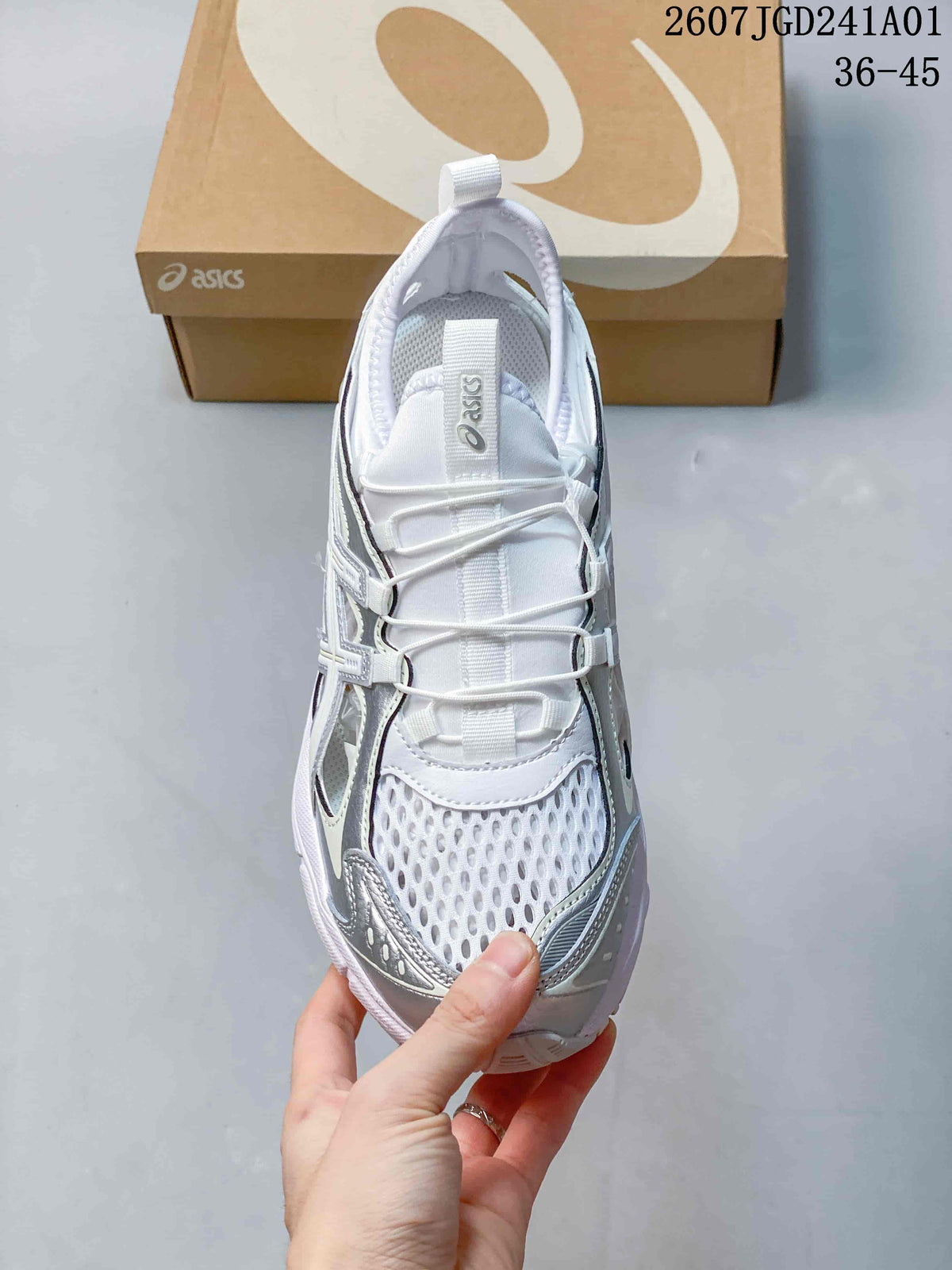 Top view of a white and silver ASICS GT-2160 Breeze sneaker with mesh-style panels and cord-style lacing.