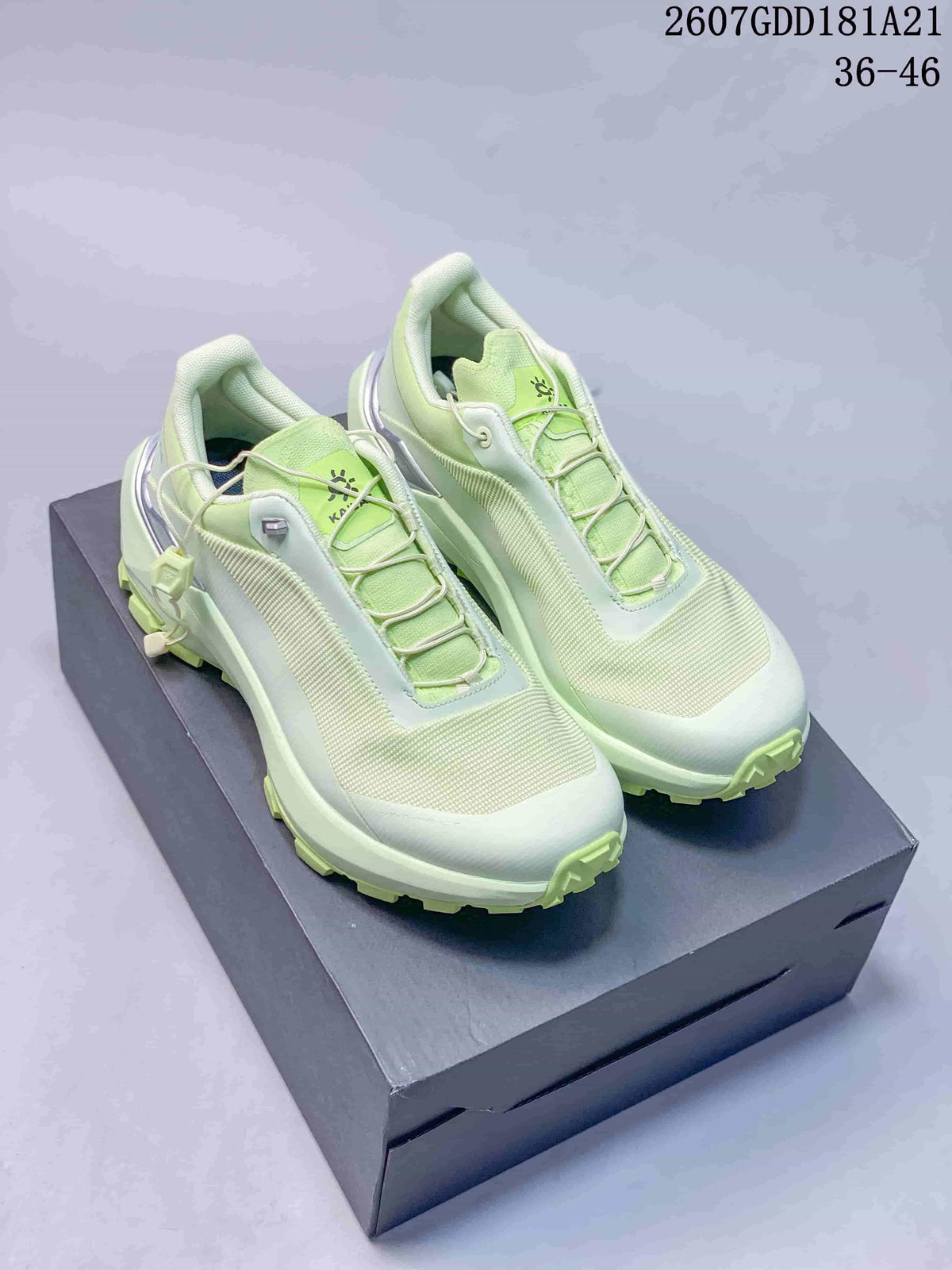 Pair of pale green and white KAILAS VENTO trail running shoes displayed on a shoebox.