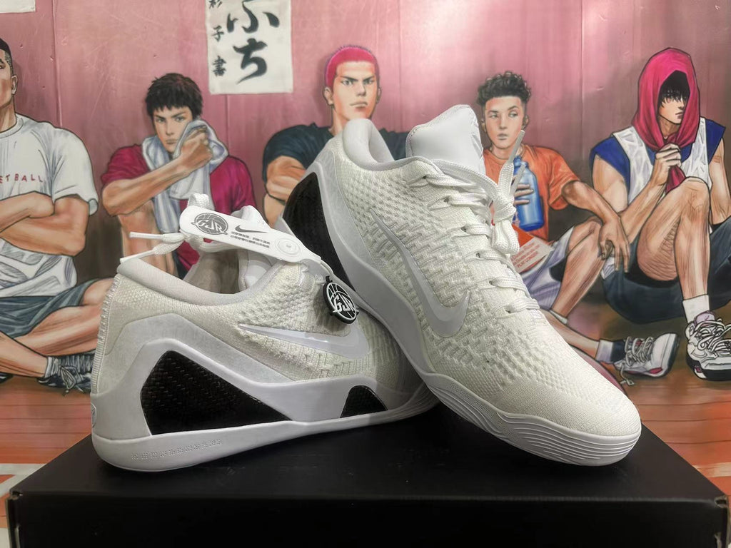 Angled view of white and black basketball shoes