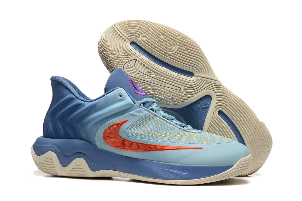 Blue and red basketball shoes shown with patterned outsole.