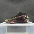 Black lace-up high-top sneaker with an iridescent honeycomb side panel and neon-yellow accents, shown in profile.