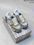 Pair of grey and white Premiata sneakers displayed on a patterned shoebox, with model code and size range visible above.
