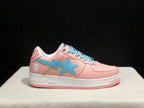 Side profile of the sneaker showing the light-blue star panel, white midsole with BAPE branding, and pink outsole.