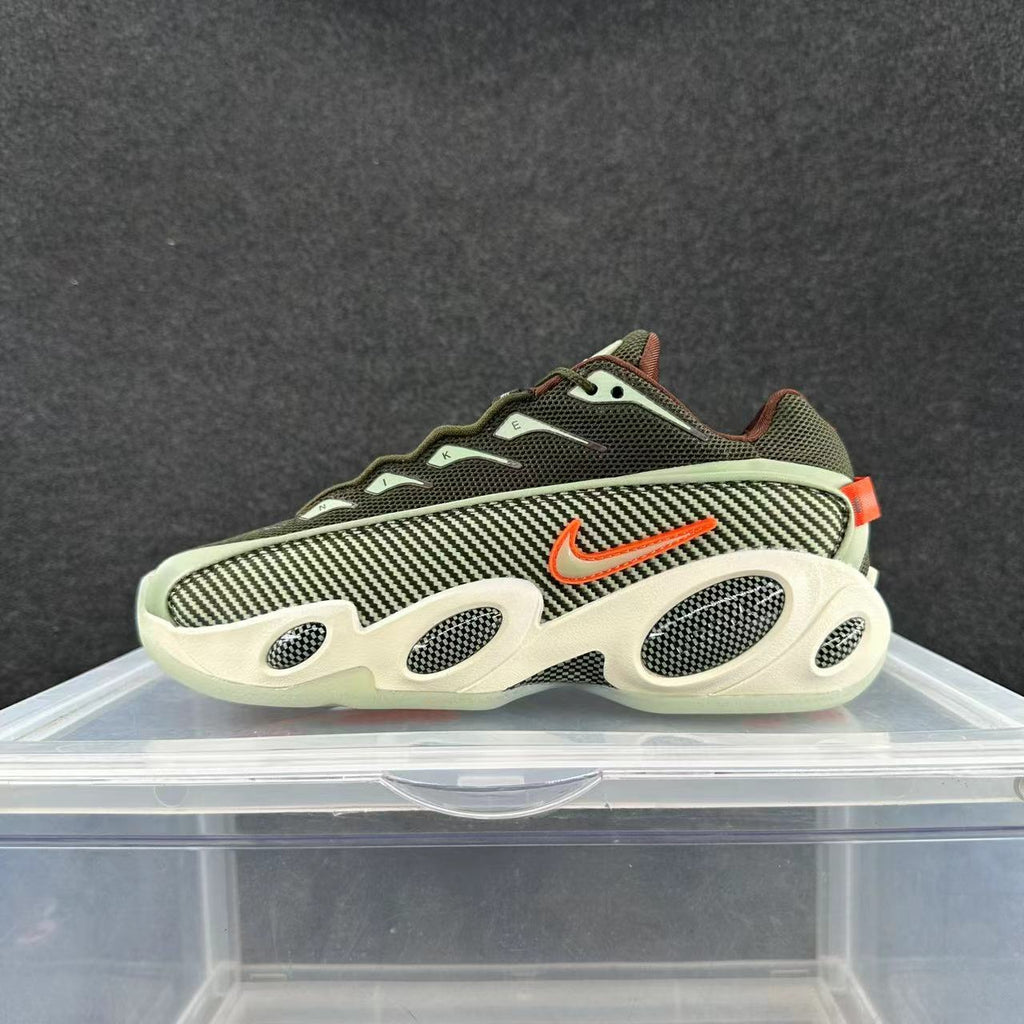 Side view of an olive, cream, and orange Nike Zoom Flight 95 sneaker with patterned side panels.