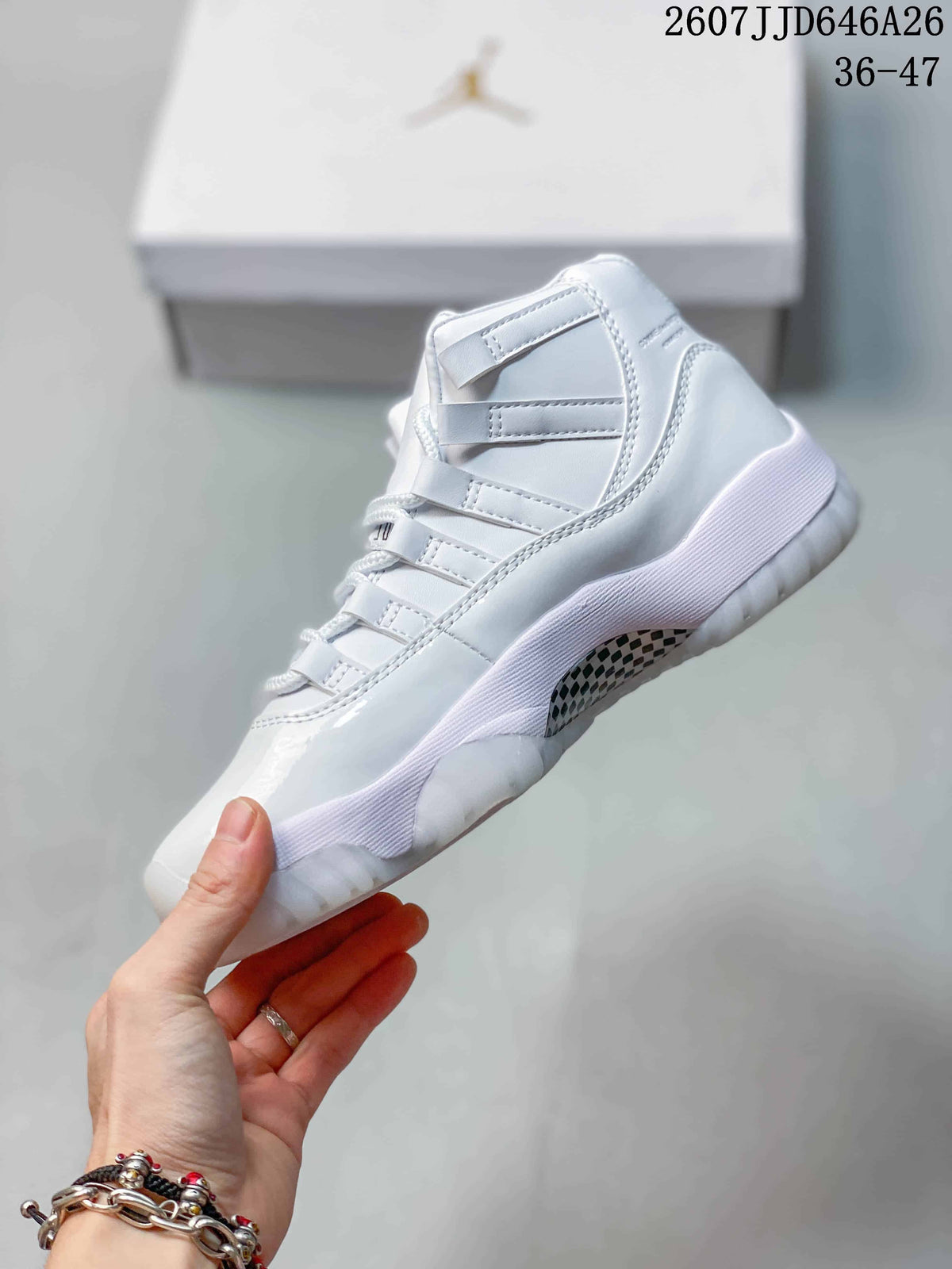 Side view highlighting the white high-top profile, layered side panels, glossy lower upper and translucent outsole.