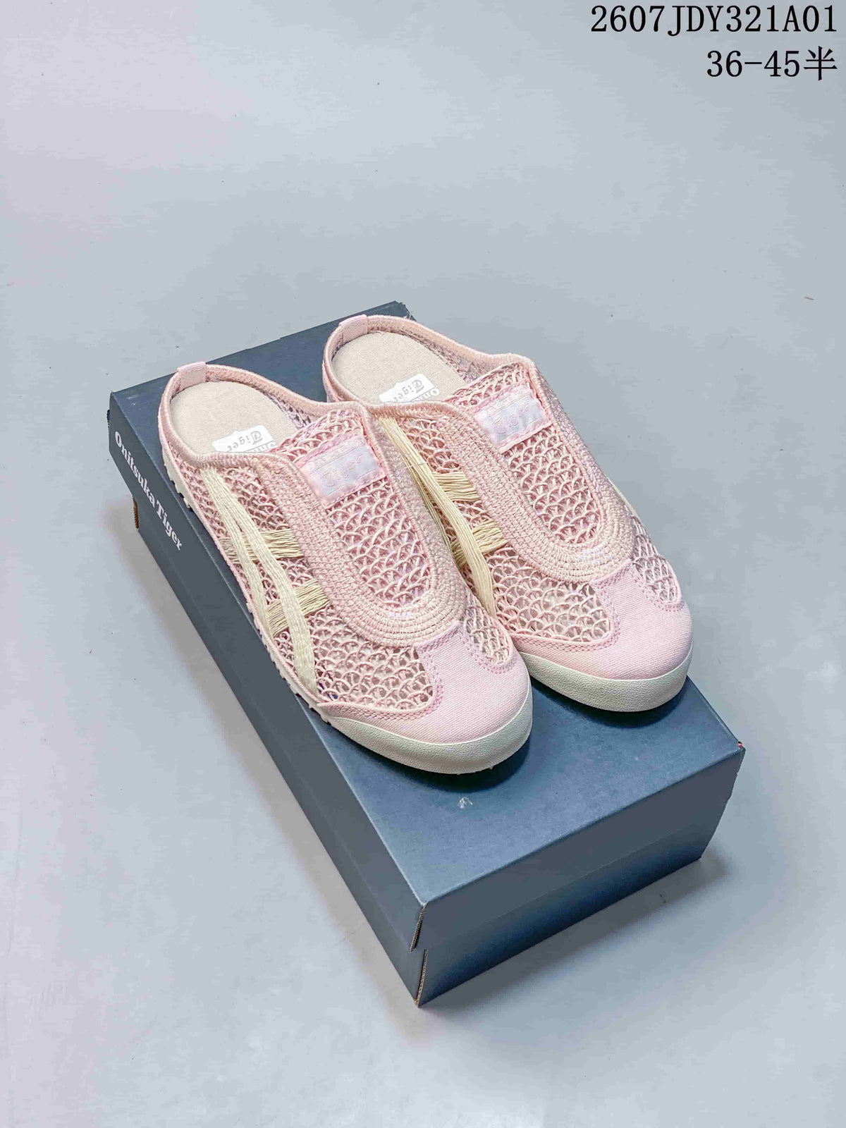 Pair of pink Onitsuka Tiger Mexico 66 Sabot-style slip-ons on a branded box; size range text appears in the image.