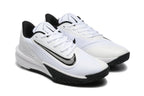 Angled view of the white and black Nike basketball shoe pair