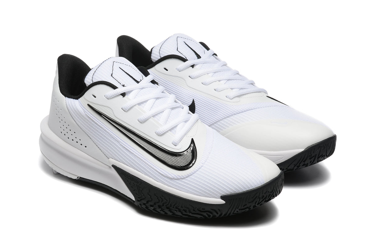 Angled view of the white and black Nike basketball shoe pair