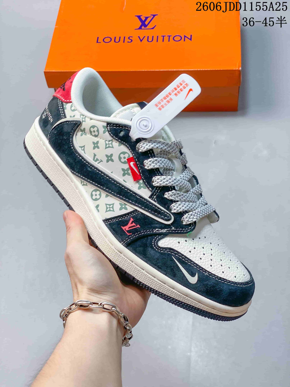 Side view of a white and dark blue low-top sneaker with patterned panels and contrast laces