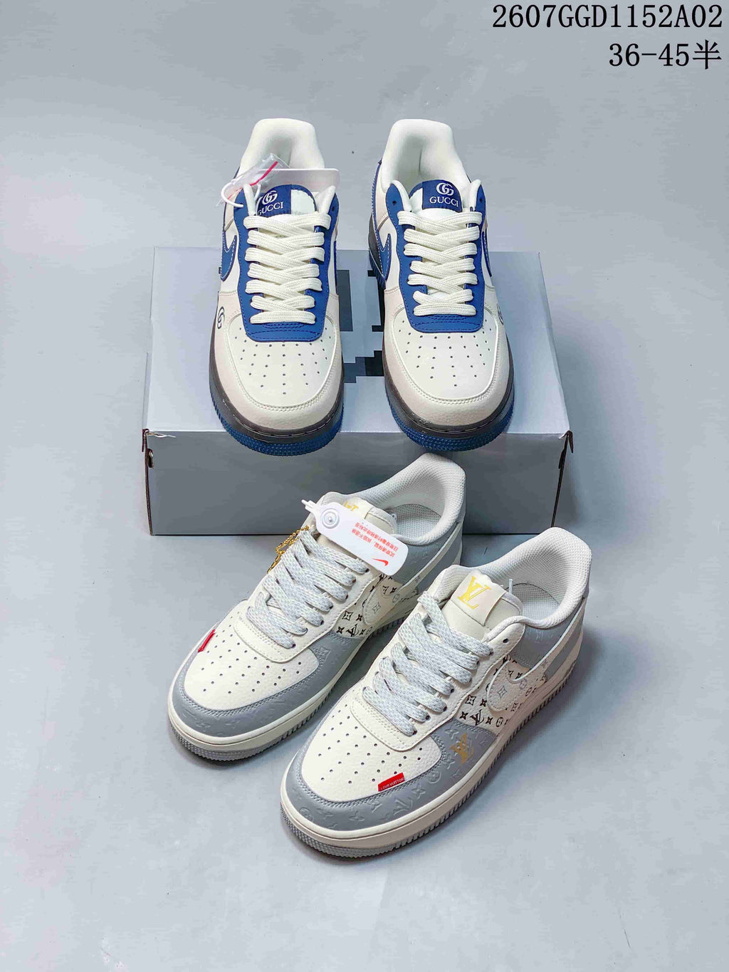 Two blue-and-white sneakers appear behind a pair of off-white and pale grey patterned sneakers.
