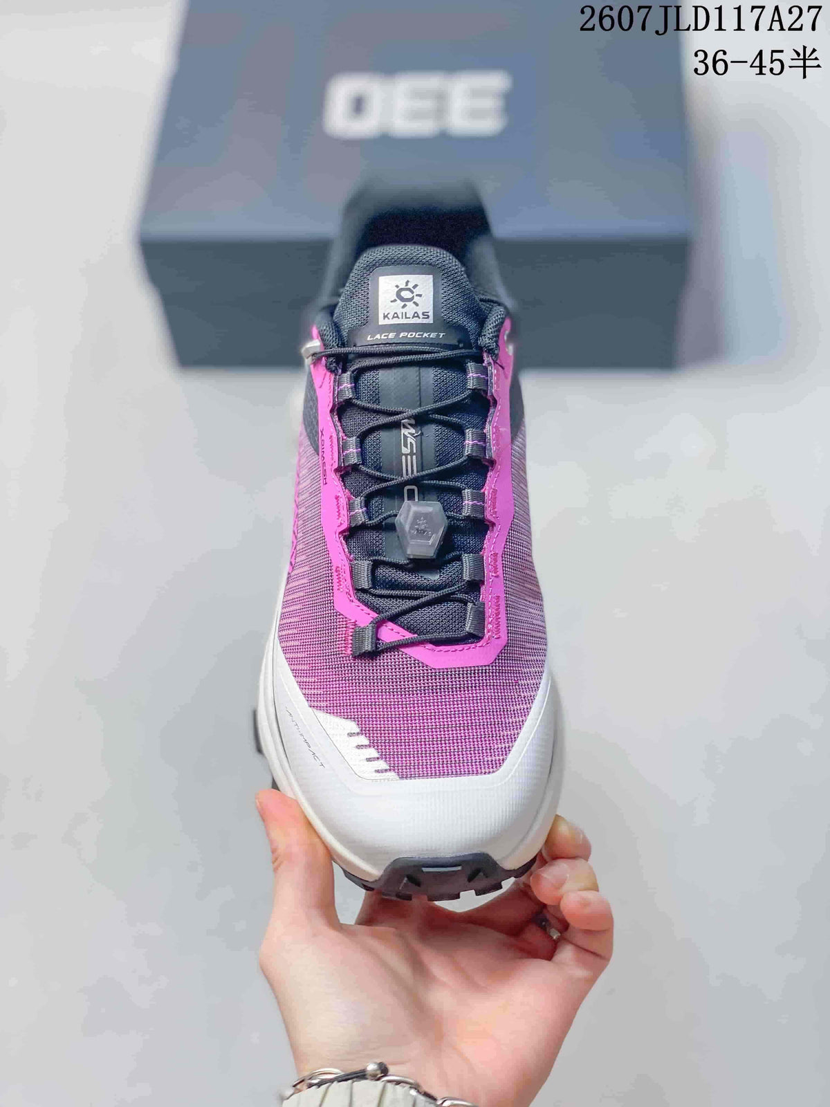 Top view showing the purple mesh-style toe area, black tongue, quick-lace toggle and lace pocket; overlay text shows sizes 36–45.