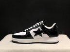 Side profile emphasizing the glossy black heel and toe overlays, white side panel and low-top silhouette.