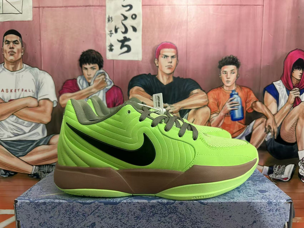 Side view of a green Nike basketball shoe with black logo and brown midsole