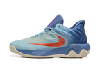 Side profile of a blue basketball shoe with an orange-red side accent