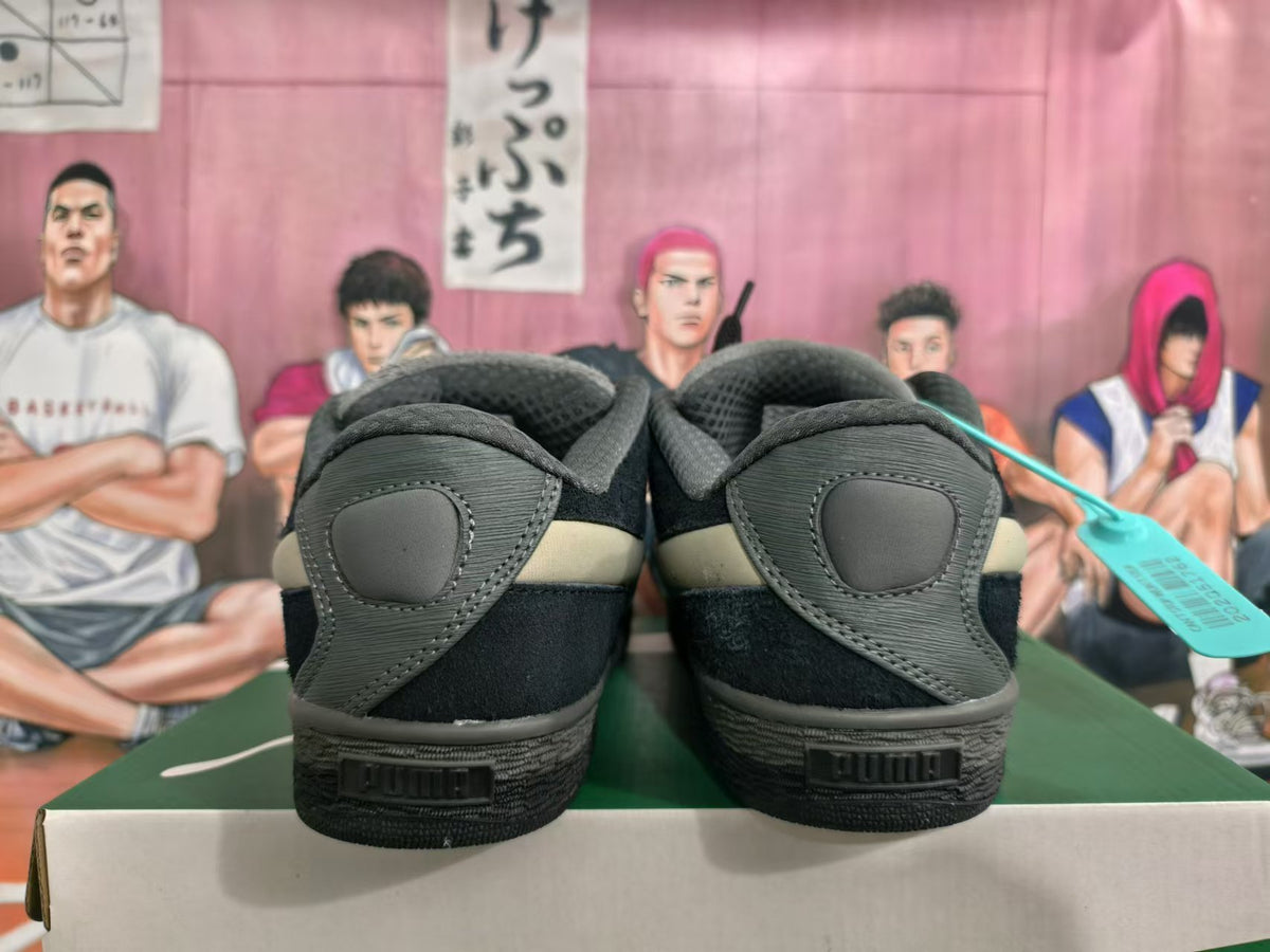 Rear view of black Puma sneakers with grey heel details and textured soles