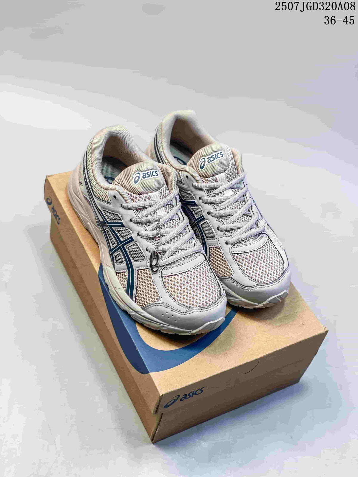 Pair of gray and blue ASICS Gel-Contend 4 sneakers displayed on an ASICS shoe box.