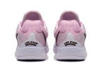 Rear view of the pink basketball shoes with patterned heel panels.