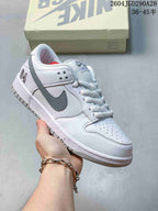 White Nike Dunk Low sneaker with gray accents and Swoosh; image overlay shows sizes 36–45.5.