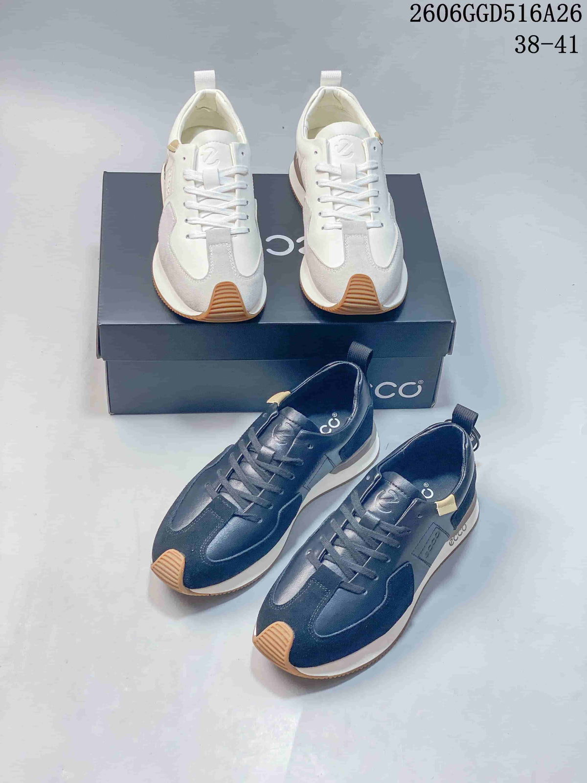 White and navy ECCO sneakers shown from above and at an angle, with size range text overlaid.