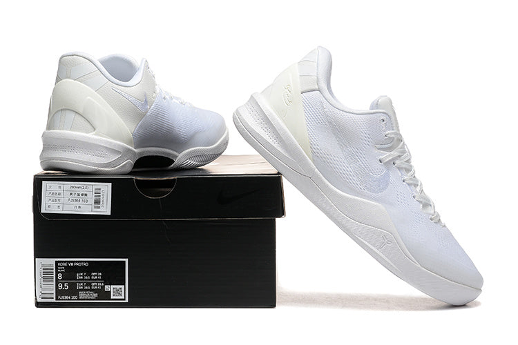All-white Kobe 8 Protro shoes displayed with a shoe box.