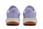 Rear view of the lavender basketball shoes, showing perforated heel panels and gum-colored outsoles.
