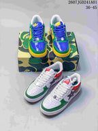Two pictured colorways of low-top sneakers: blue, green, and yellow, and white, green, red, and brown.