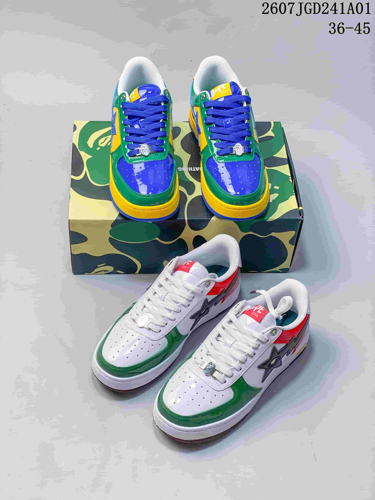 Two pictured colorways of low-top sneakers: blue, green, and yellow, and white, green, red, and brown.