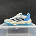 Side view of a white and light gray adidas Adizero sneaker with black stripes, blue heel detail, and blue outsole.